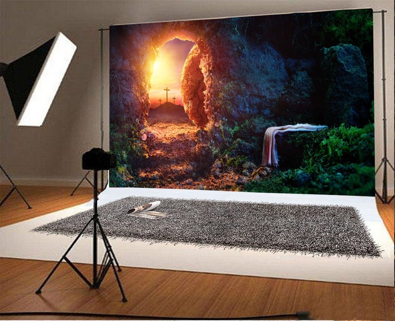 Leowefowa 10x8ft Resurrection of Jesus Backdrop Easter Sunrise Holy Light Empty Tomb Remote Peak Three Crosses Background for Photo Bible Story Church Mural Sanctuary Decor Christianity Wallpeper - Image 2